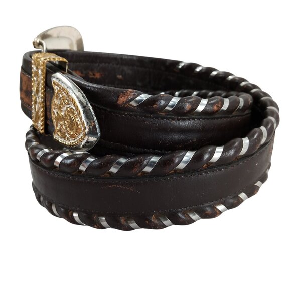 Vintage Fisher Brown Leather Backstitch Gold Silver Buckle Belt Size 34 Western - Picture 3 of 8
